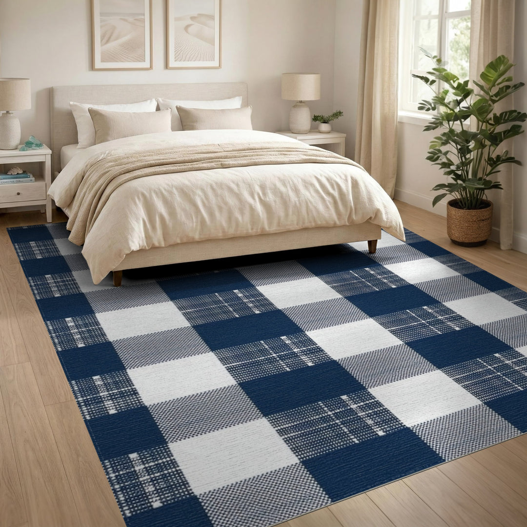 Blue and Teal Navy Checkered Washable Area Rug