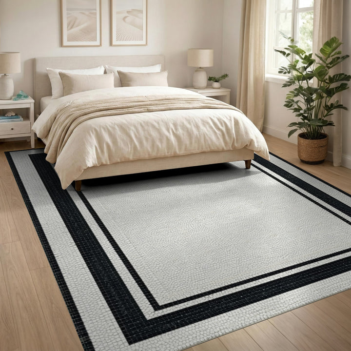 Black White Mosaic Framed Area Rug