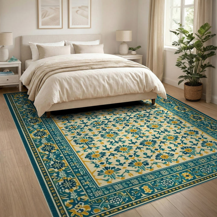 Teal Floral Vintage Area Rug