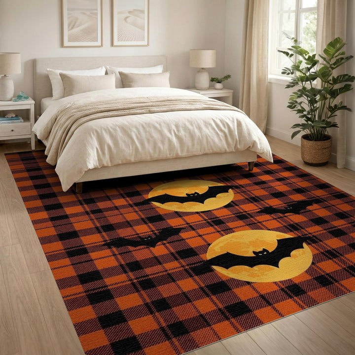 Orange Plaid Bats and Moons Area Rug
