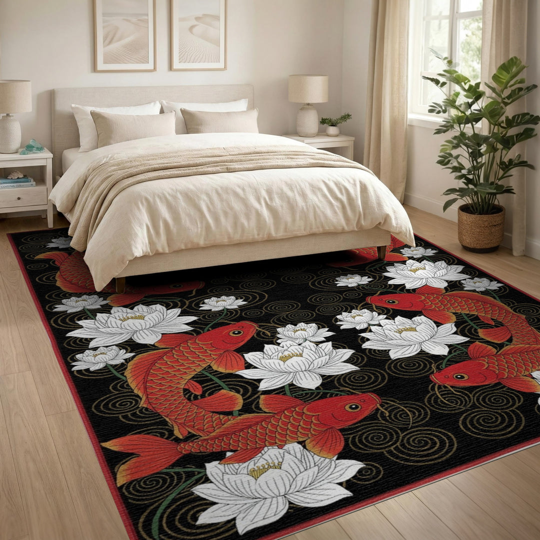 Red Koi Fish and Lotus Area Rug