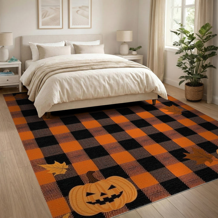 Rustic Farmhouse Orange Buffalo Check Pumpkin Area Rug