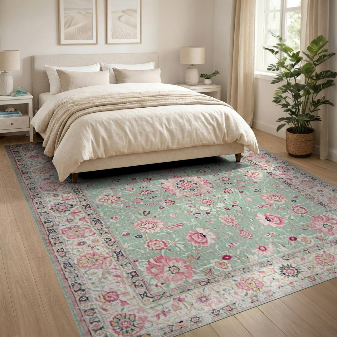 Green Mint Green Pink Floral Vintage Area Rug