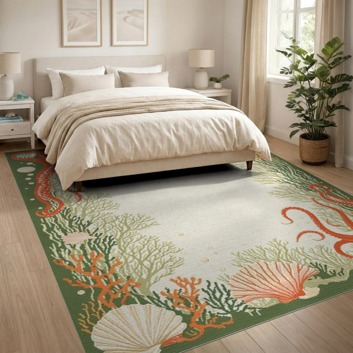 Red Octopus Coastal Green Area Rug