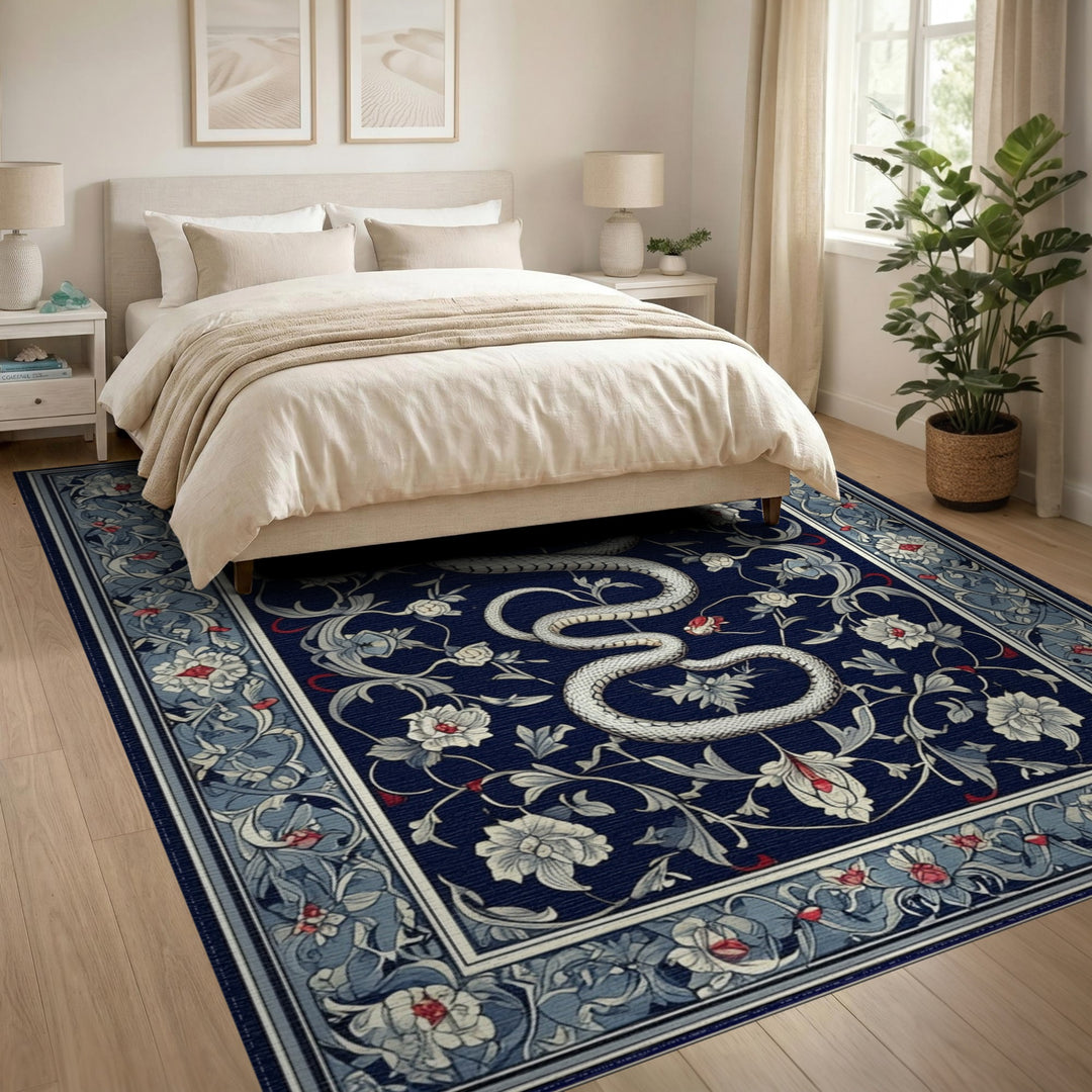 White Serpent Floral Navy Area Rug