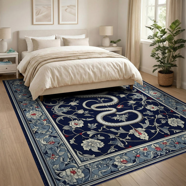 White Serpent Floral Navy Area Rug