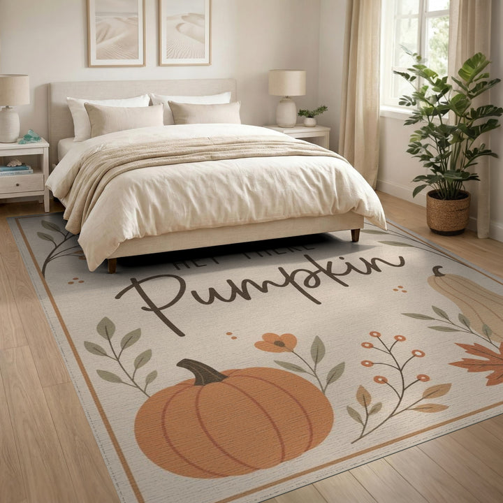Beige and Neutral Rustic Farmhouse Hey There Pumpkin Beige Area Rug