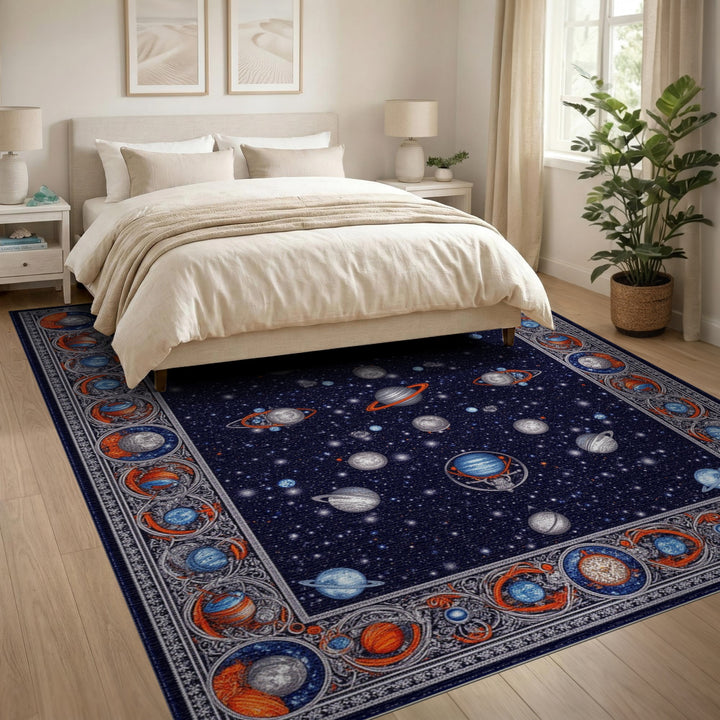 Celestial Blue Planets Washable Area Rug