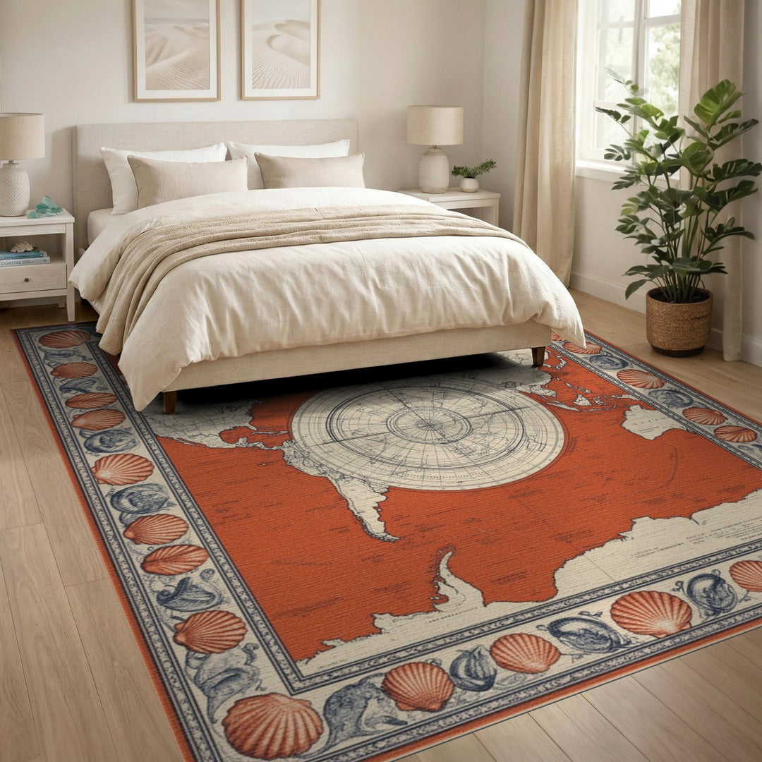 Vintage Red World Map Seashell Border Rug