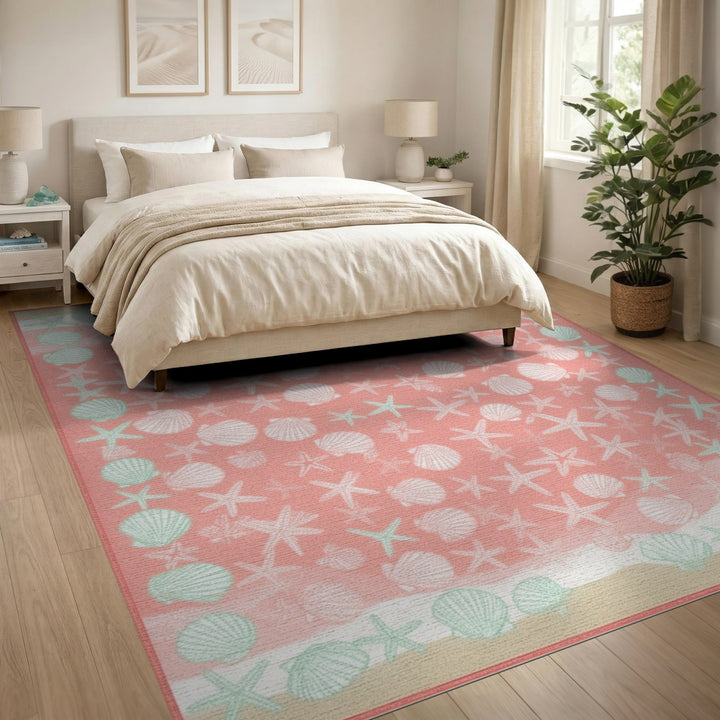 Coastal Beach Pink Coastal Seashell Starfish Area Rug