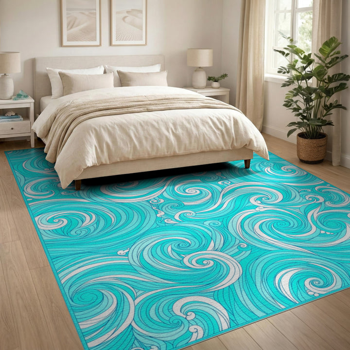 Blue Teal Wave Swirl Washable Area Rug
