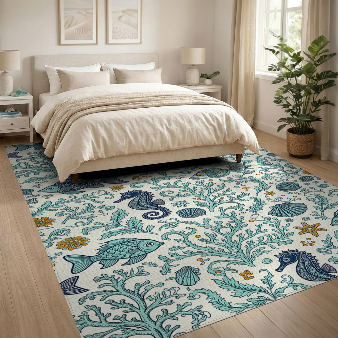 Blue Teal Seahorse Coastal Area Rug