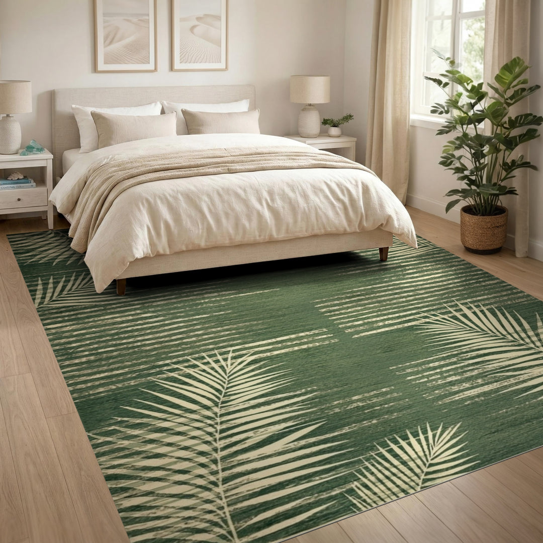 Green Palm Leaf Washable Area Rug