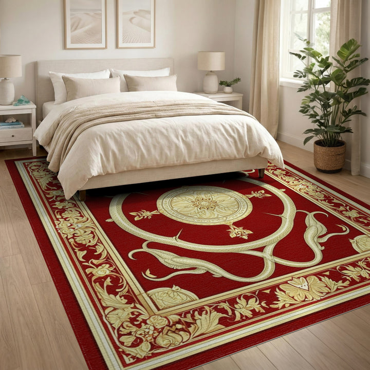 Red Gold Serpent Medallion Traditional Area Rug
