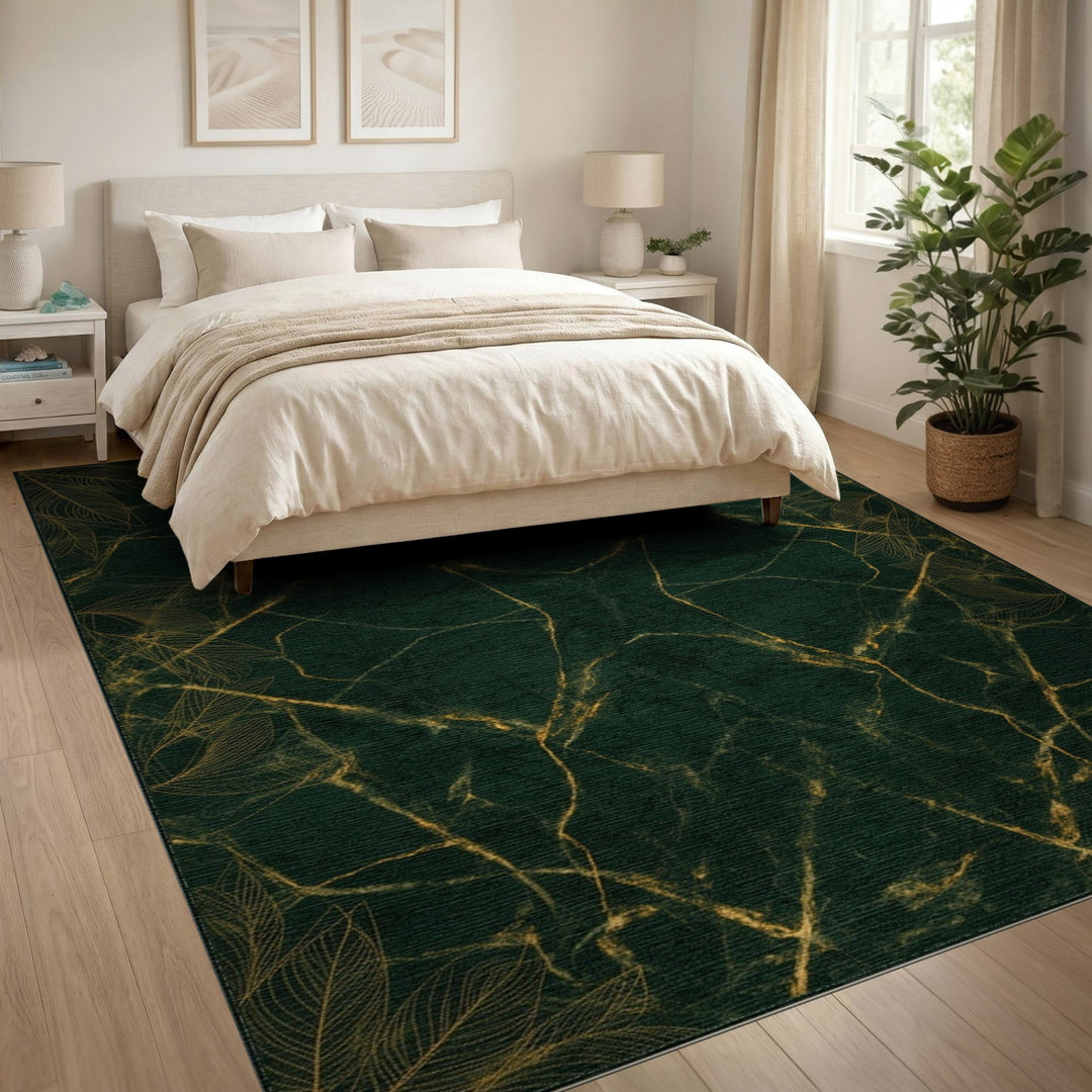 Emerald Green Gold Leaf Marble Area Rug