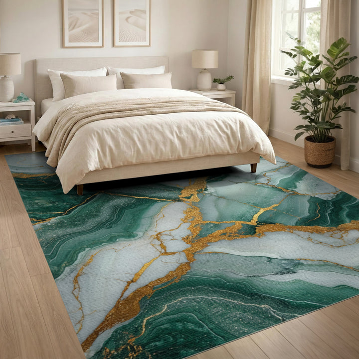 Green Abstract Area Green Marble Gold Vein Area Rug
