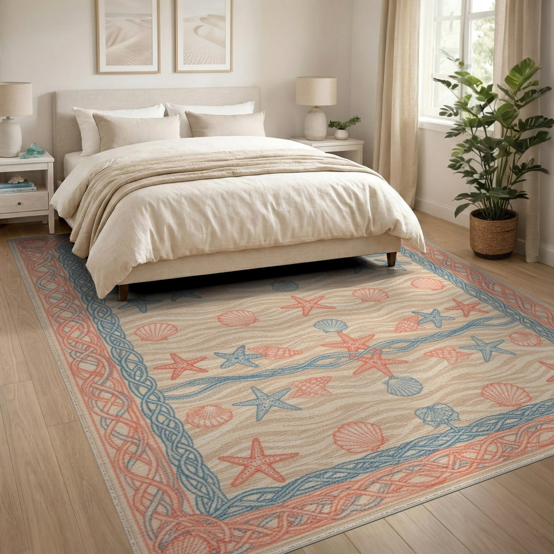 Coastal Beach Blue and Teal Coastal Starfish Seashell Area Rug