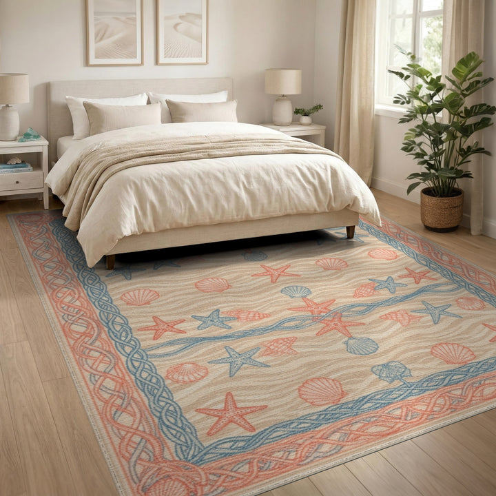 Coastal Beach Blue and Teal Coastal Starfish Seashell Area Rug