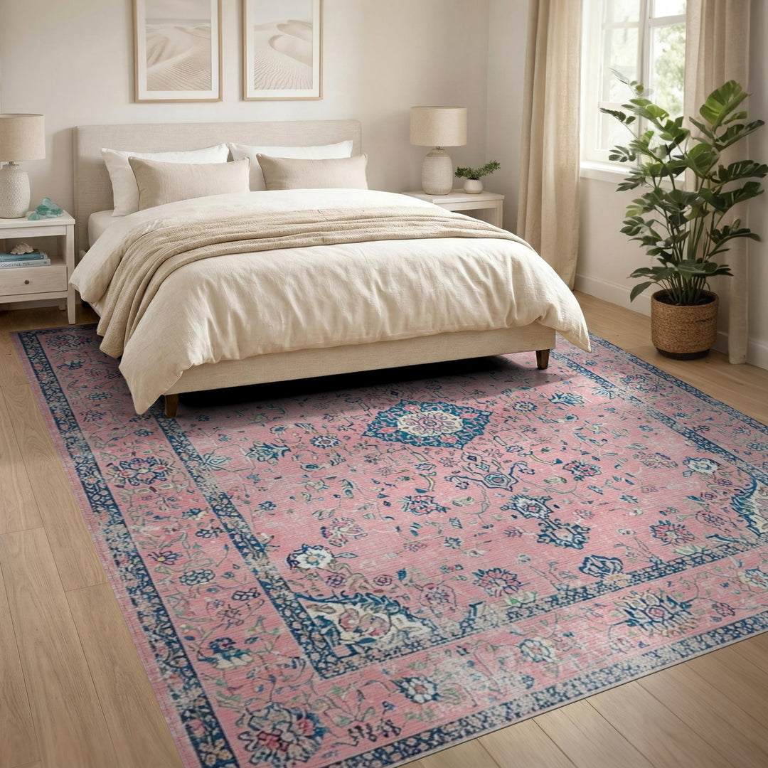 Pink Distressed Vintage Floral Area Rug