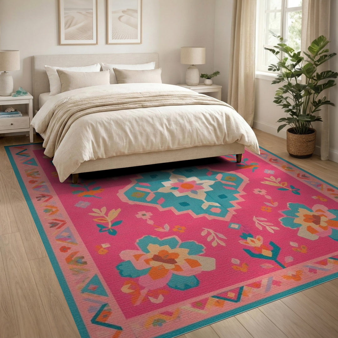 Pink Boho Floral Geometric Area Rug