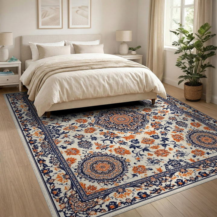 Navy Orange Floral Persian Area Rug