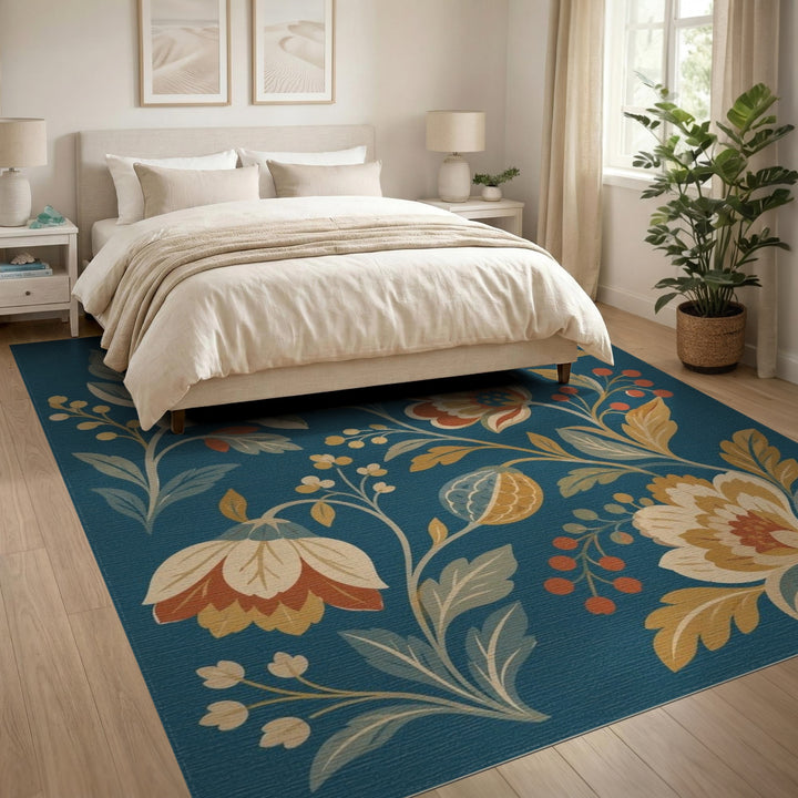 Vintage Floral Teal Washable Area Rug