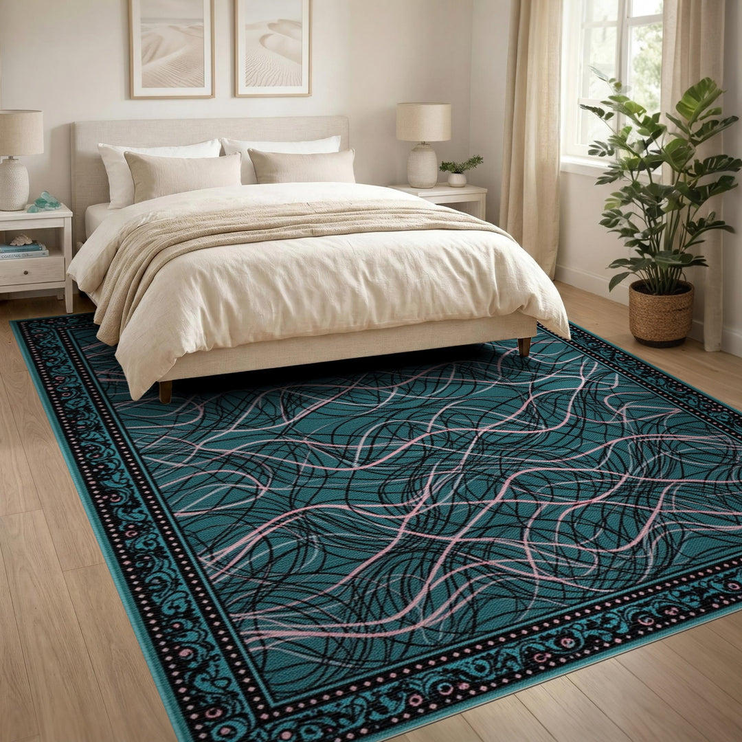 Pink Wave Scribble Teal Area Rug