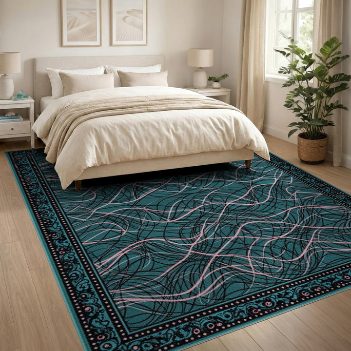 Pink Wave Scribble Teal Area Rug