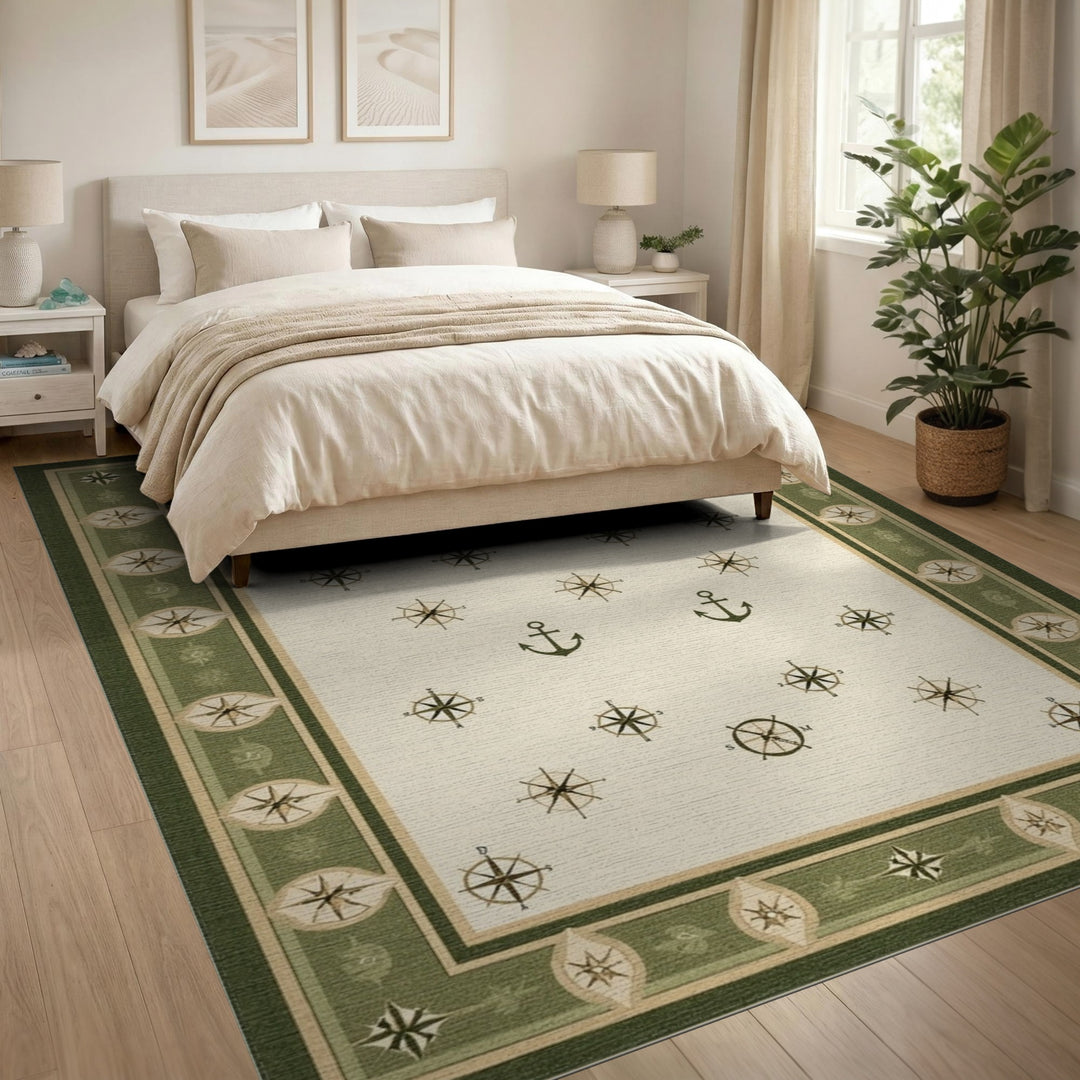 Green Nautical Anchor Compass Area Rug