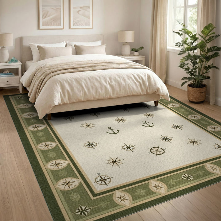 Green Nautical Anchor Compass Area Rug