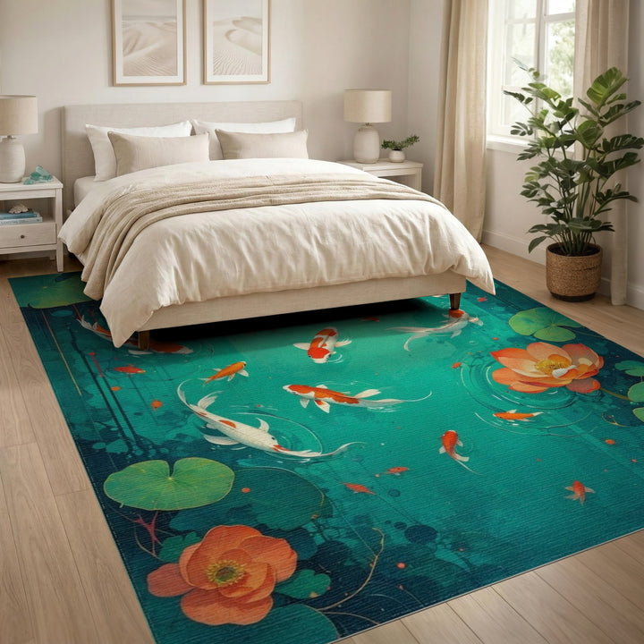 Teal Koi Lotus Pond Area Rug
