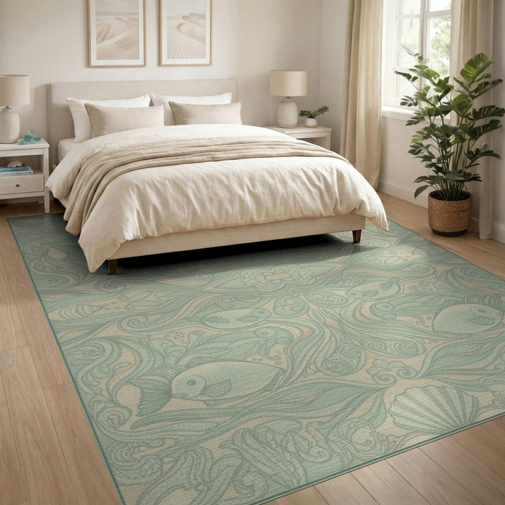 Teal Fish and Shells Coastal Area Rug