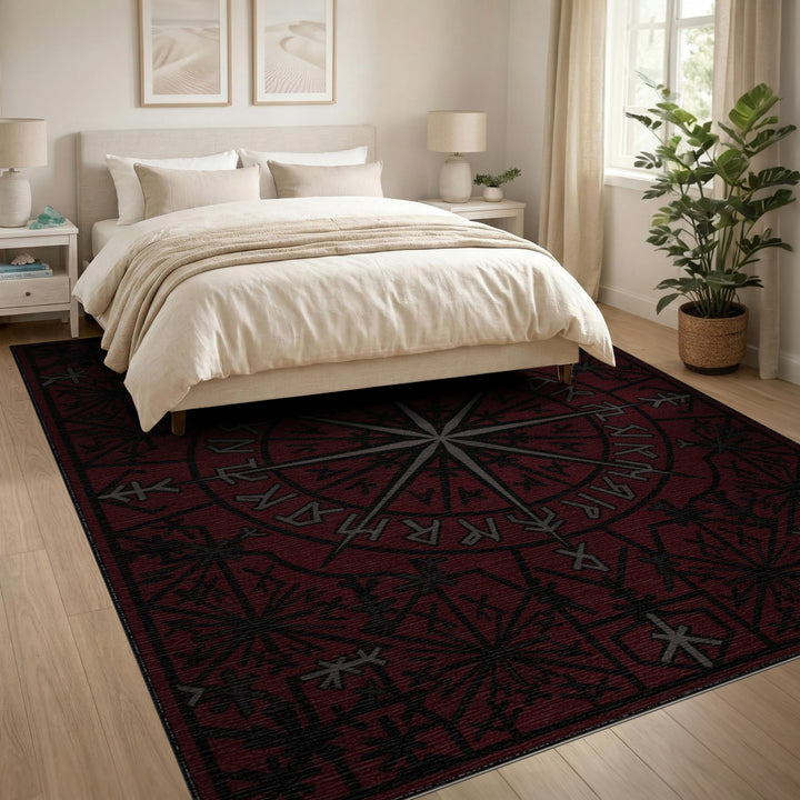 Red Norse Rune Compass Area Rug