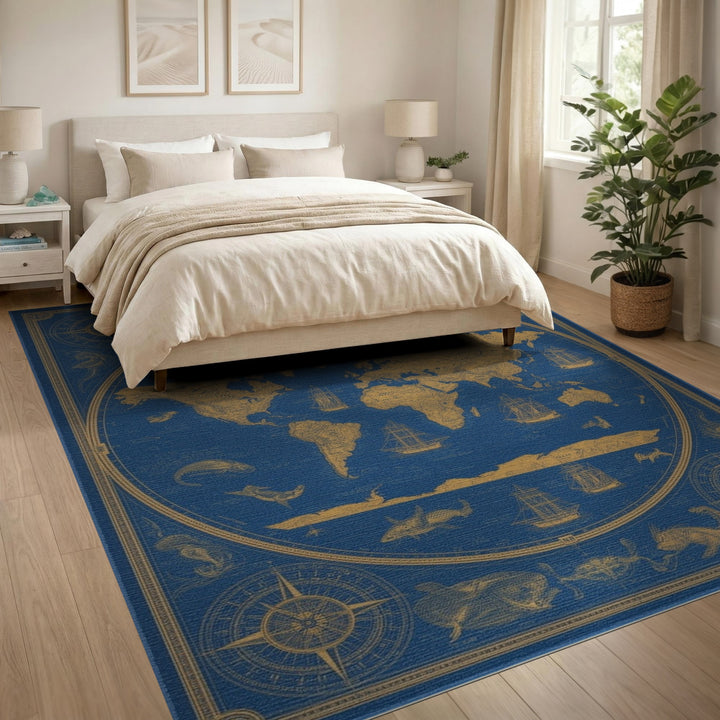 Vintage Nautical World Map Blue Area Rug