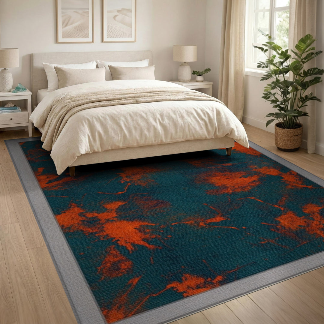 Blue Teal Abstract Orange Splatter Area Rug