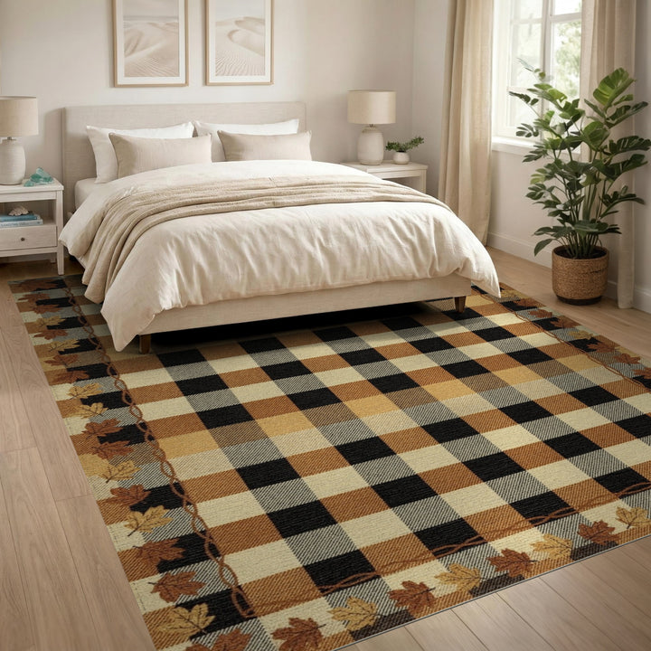 Brown Buffalo Check Area Rug with Leaf Border