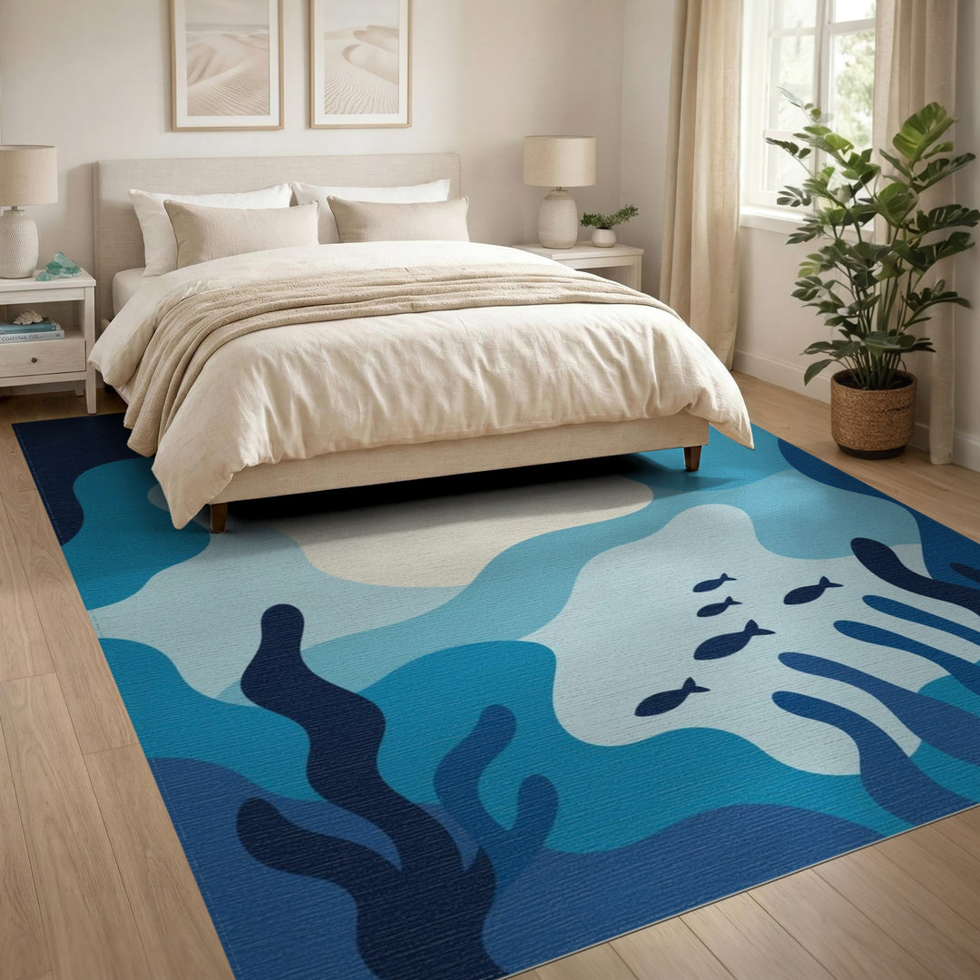 Blue Ocean Waves Fish Area Rug