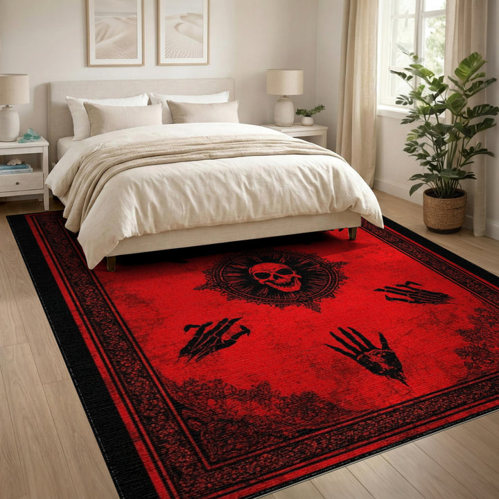 Red Distressed Gothic Skull Area Rug