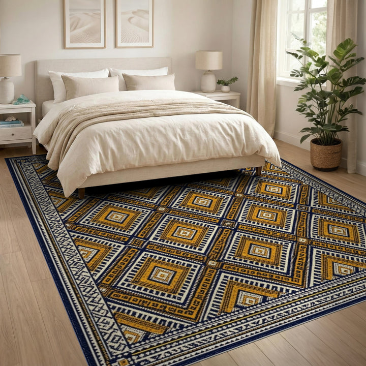 Navy Blue Yellow Geometric Tribal Area Rug