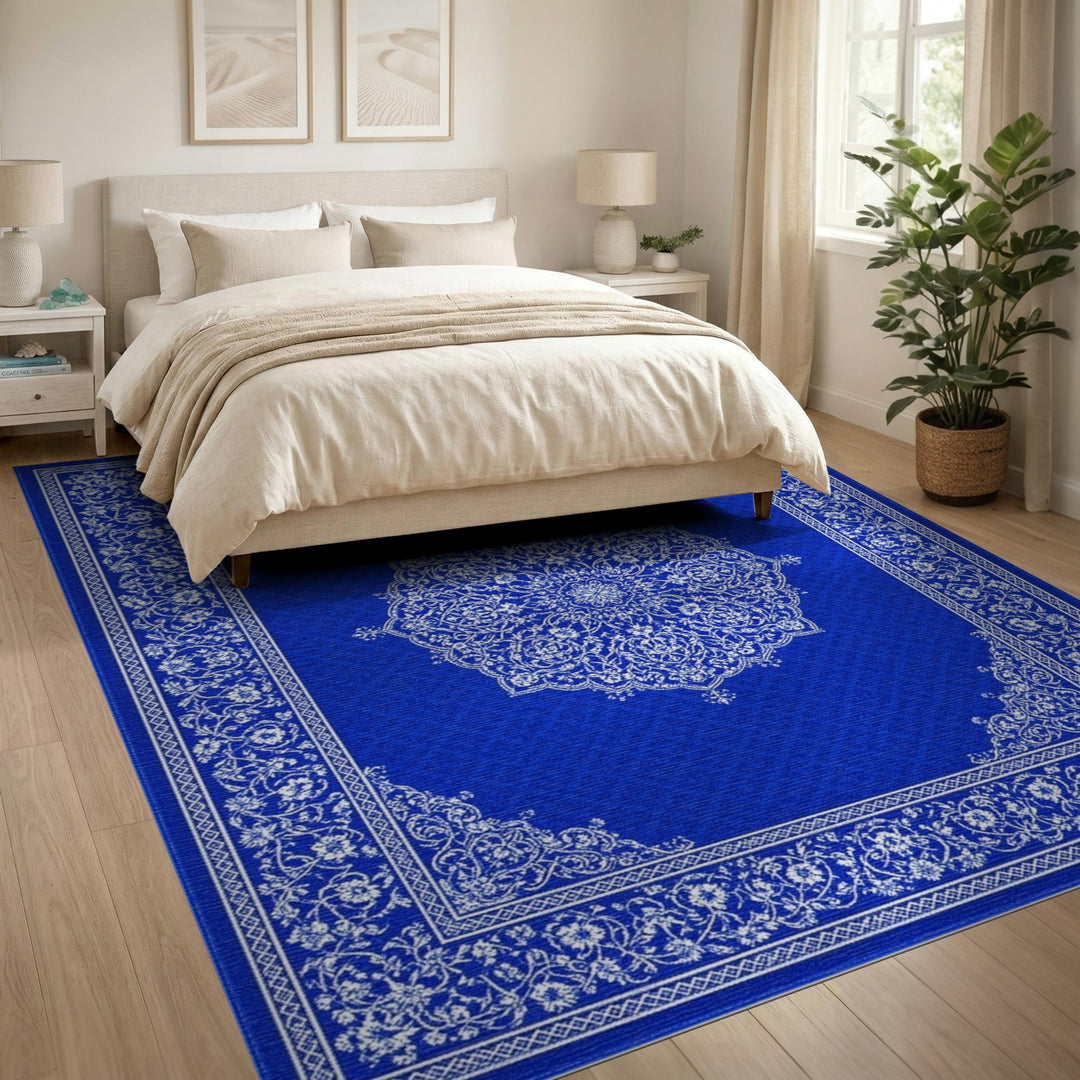 Floral Blue and Teal Blue Persian Floral Medallion Area Rug
