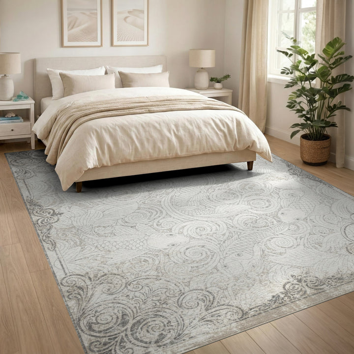 Black White Koi Fish Distressed Vintage Area Rug