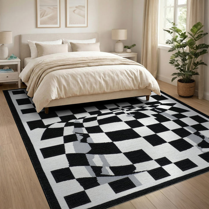 Black White Wavy Checkered Illusion Area Rug