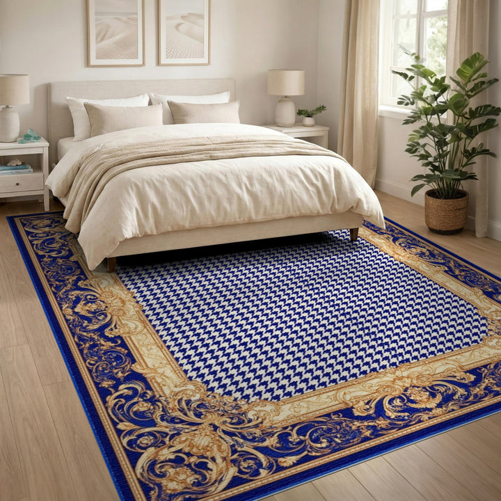 Blue Houndstooth Gold Border Area Rug