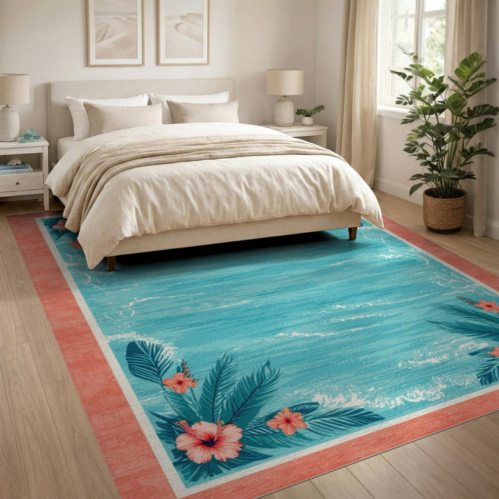 Blue Teal Coastal Wave Hibiscus Area Rug