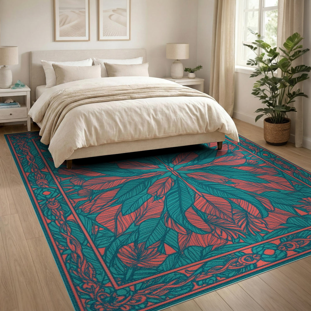 Teal Leaf Medallion Area Rug