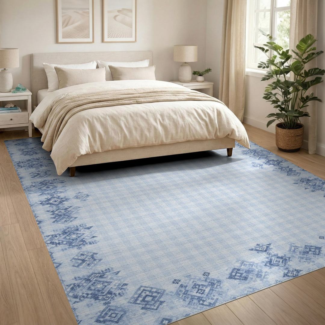 Blue Gingham Tribal Border Area Rug