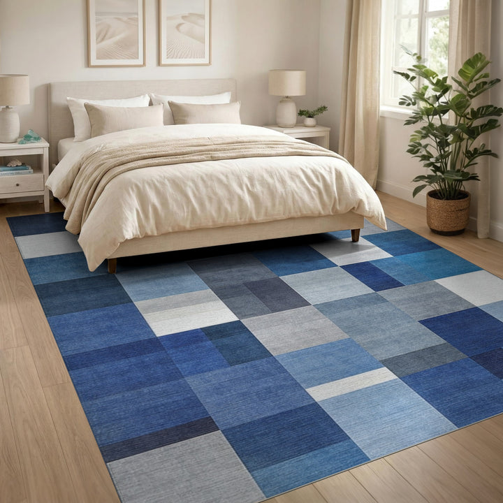 Blue and Teal Block Blue Geometric Block Area Rug