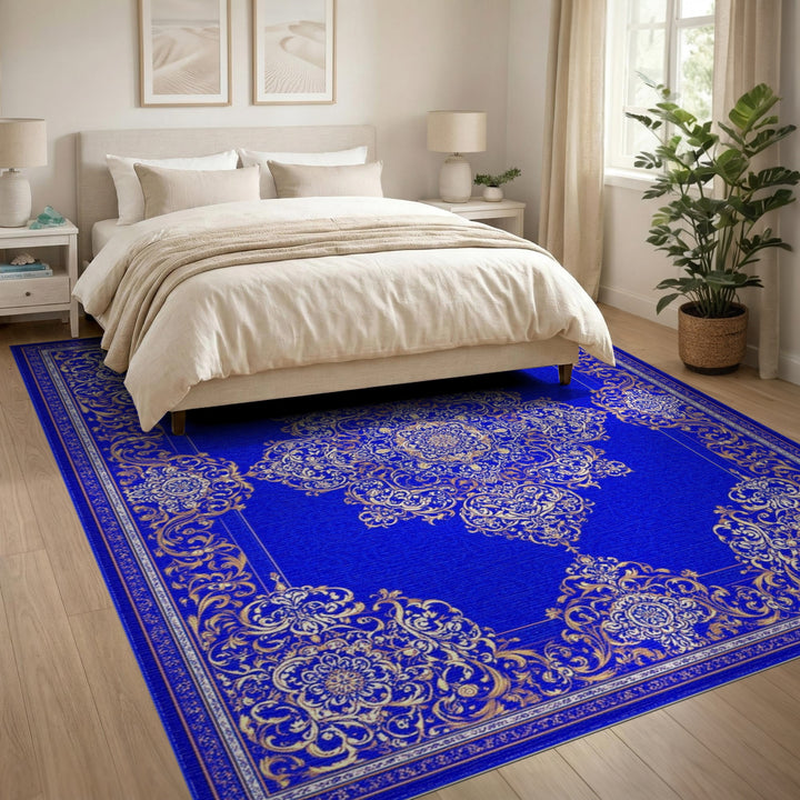 Blue and Teal Blue Gold Traditional Persian Area Rug