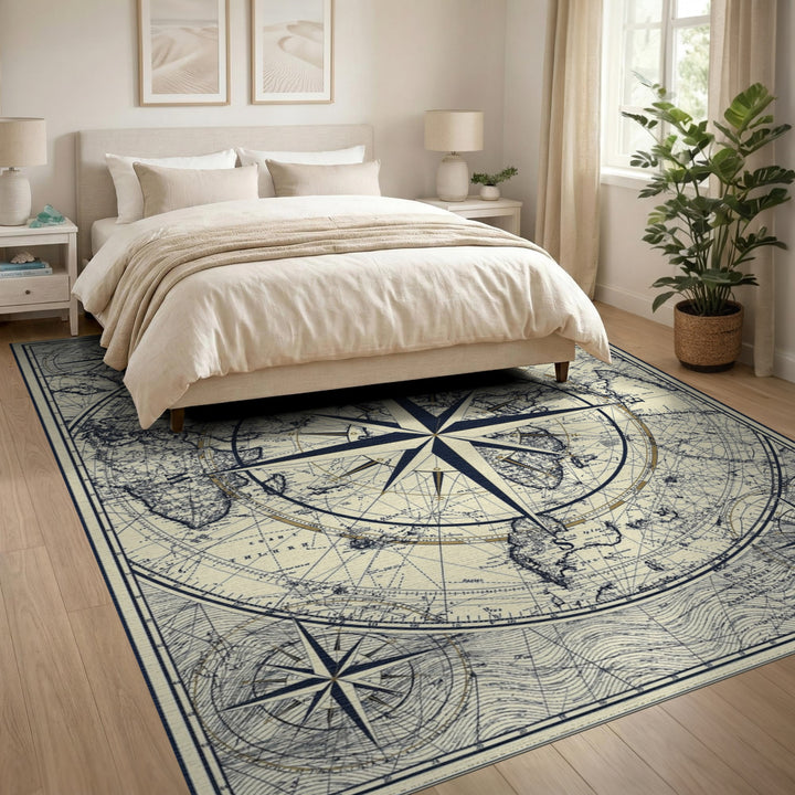 Vintage Nautical Compass Map Area Rug
