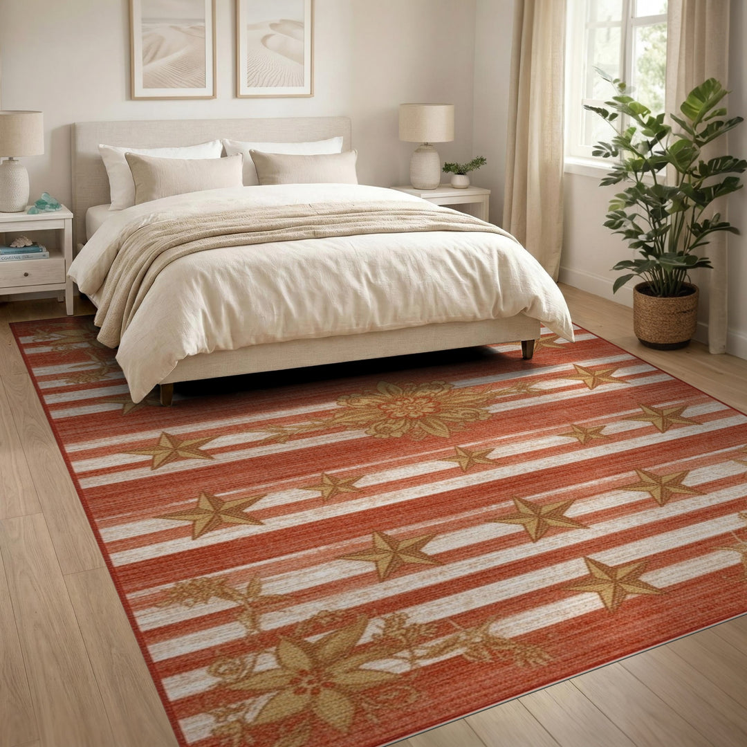 Red Striped Gold Star Floral Area Rug